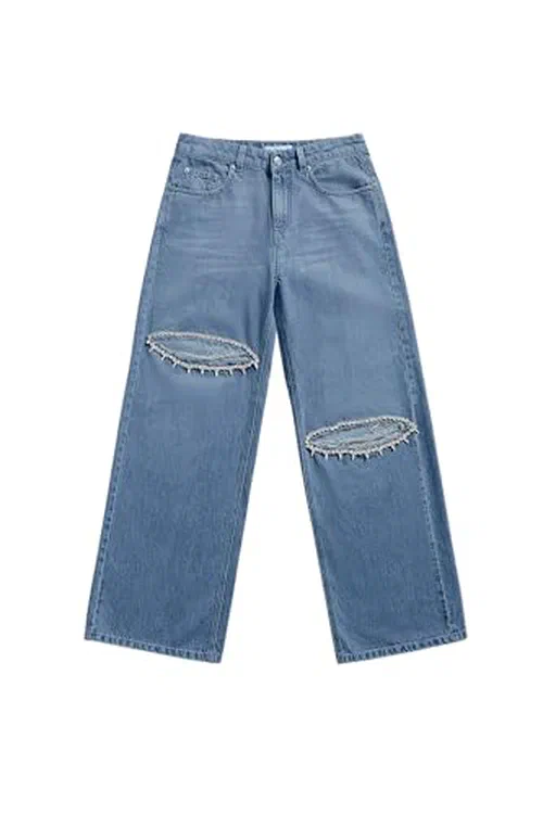 AREA, Distressed Crystal Relaxed Slit Jean