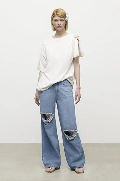 AREA, Distressed Crystal Relaxed Slit Jean — view 2
