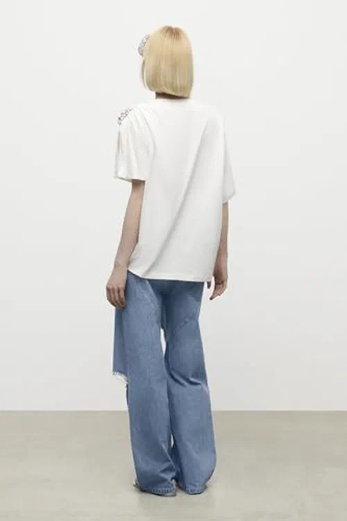 AREA, Distressed Crystal Relaxed Slit Jean — view 3