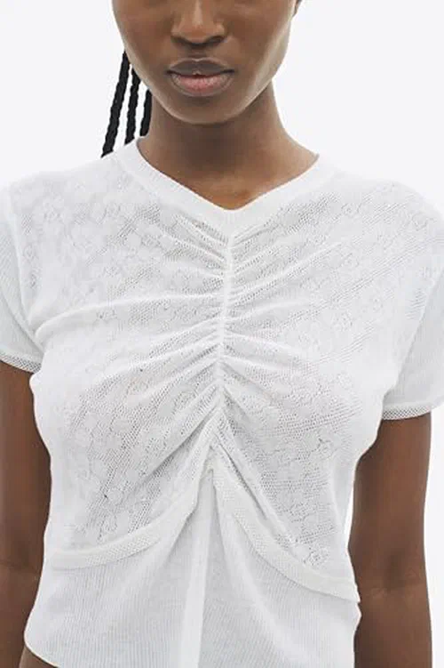 AREA, Girly Rib Knit Short Sleeve Top, S, Off White — view 3