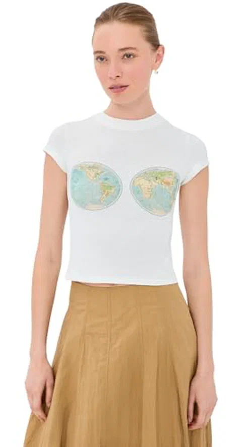 A.W.A.K.E. Mode Women's Hemispheres Map Printed Tee, White, L