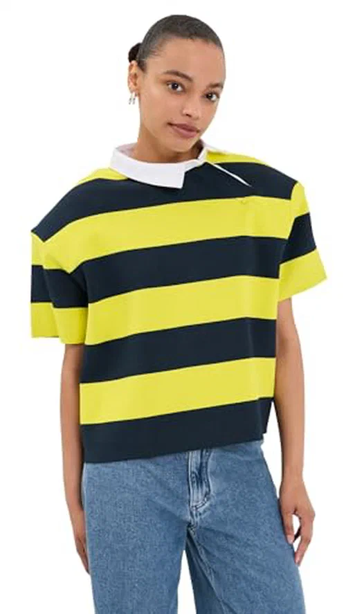 A.W.A.K.E. Mode Women's Knitted Rugby Top, Yellow/Navy Striped, L