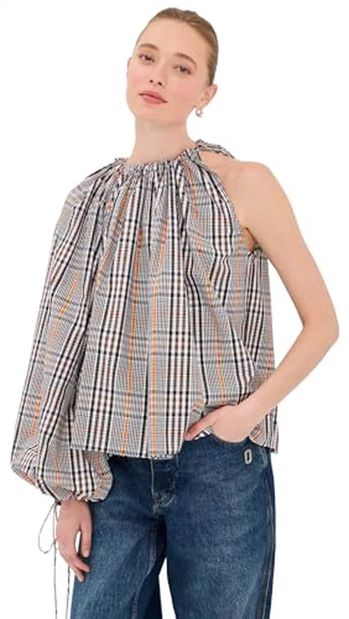 A.W.A.K.E. Mode Women's One-Sleeve Voluminous Top, Brown Check, XS