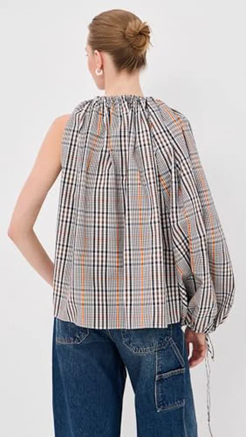 A.W.A.K.E. Mode Women's One-Sleeve Voluminous Top, Brown Check, XS — view 3