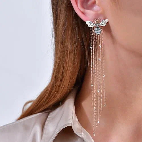Bee Goddess, Queen Bee Mindy Gold Blue Diamond Earring — view 3