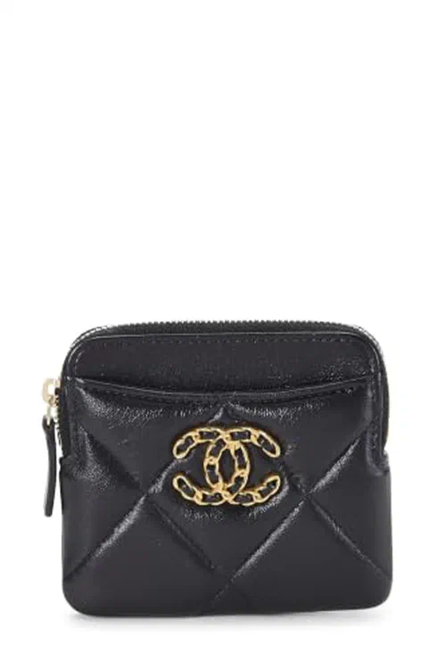 Chanel, Pre-loved Black Quilted Lambskin 19 Zip Coin Purse