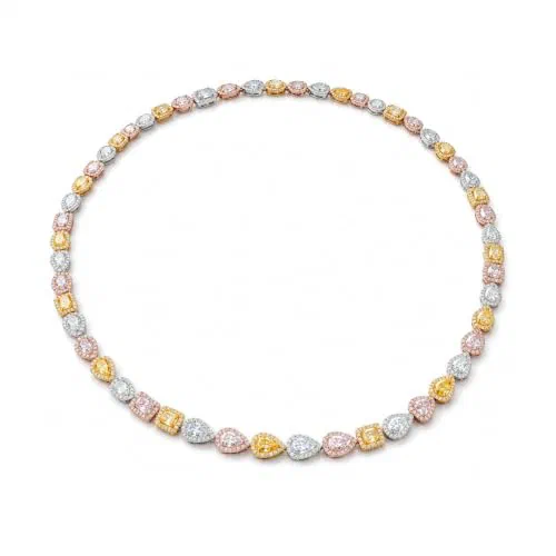 Claro Diamond Necklace in 18K White Gold, Pear, Cushion and Oval Silhouettes, Multicolor Fancy Diamond Halo Tennis Necklace