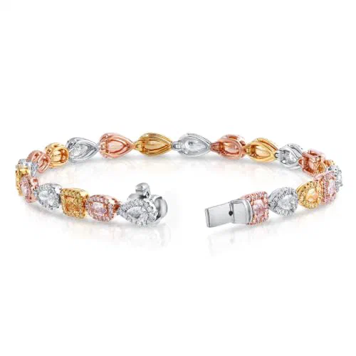 Claro Natural Multi-Color Diamond Tennis Bracelet in 18K White Gold, 5.02 Carat, Pear, Cushion, Round, Marquise Cut