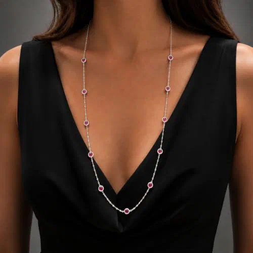 Crimson Rouge 11.34 Carat Ruby & Diamond Station Necklace in 18K White Gold — view 3