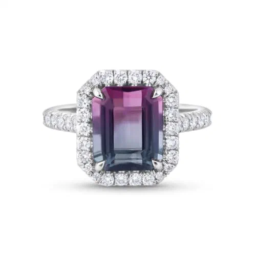 Éclat Prism Tourmaline 3.13 Carat Emerald Cut Halo Ring in 18K White Gold