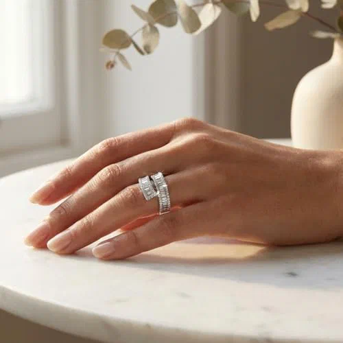 Éclosion Arch 2.4 Carat Tapered Baguettes Bypass Ring in 18K White Gold — view 3
