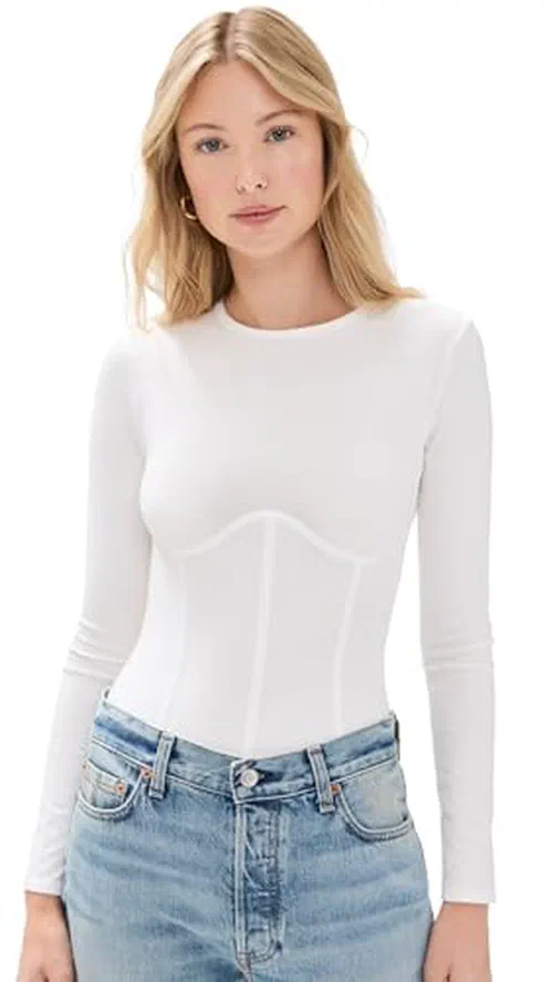 Fleur du Mal Women's Cotton Long Sleeve Thong Bodysuit, Ivory, M