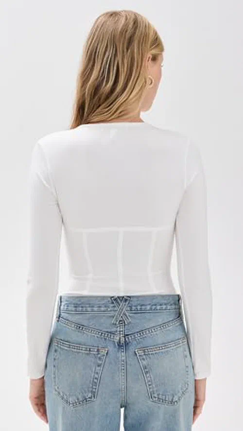 Fleur du Mal Women's Cotton Long Sleeve Thong Bodysuit, Ivory, M — view 3