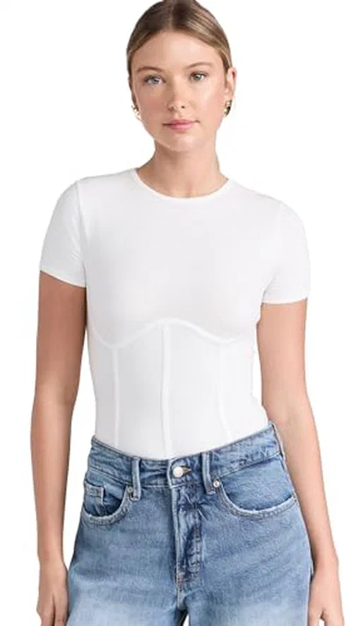 Fleur du Mal Women's Cotton T-Shirt Thong Bodysuit, Ivory, White, M