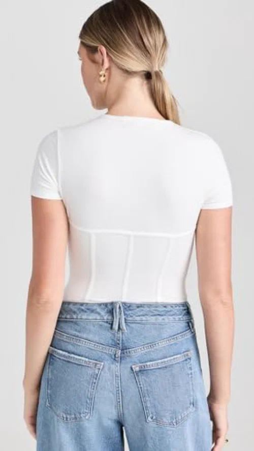 Fleur du Mal Women's Cotton T-Shirt Thong Bodysuit, Ivory, White, M — view 3