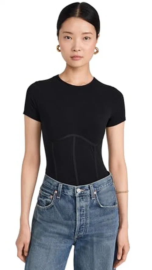 Fleur du Mal Women's Cotton T Shirt Thong Bodysuit, Black, S