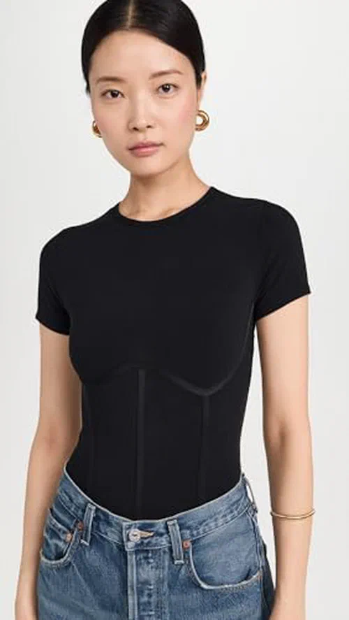 Fleur du Mal Women's Cotton T Shirt Thong Bodysuit, Black, S — view 2