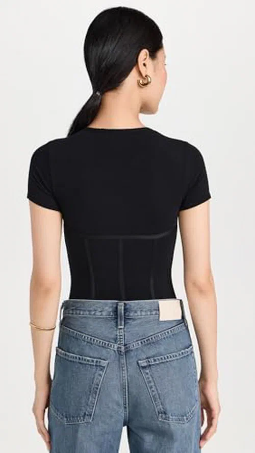 Fleur du Mal Women's Cotton T Shirt Thong Bodysuit, Black, S — view 3