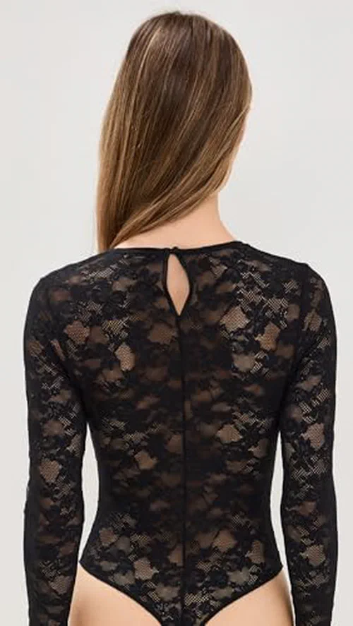 Fleur du Mal Women's Le Stretch Long Sleeve Thong Bodysuit, Black, S — view 3