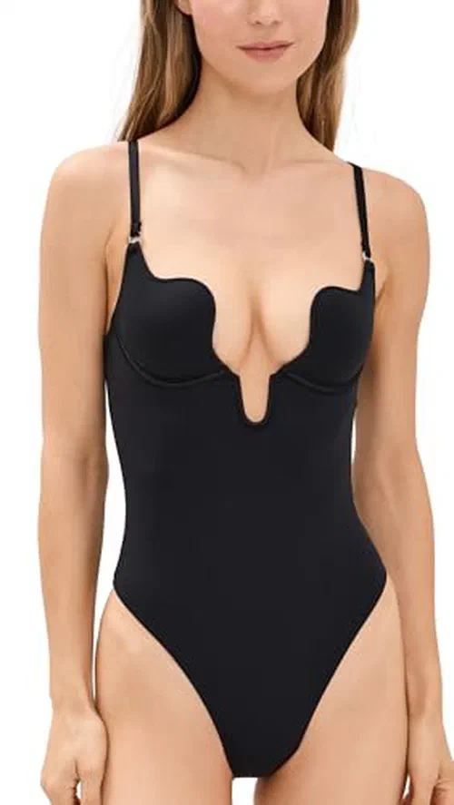 Fleur du Mal Women's Le Stretch Micro U-Plunge Bodysuit, Black, S