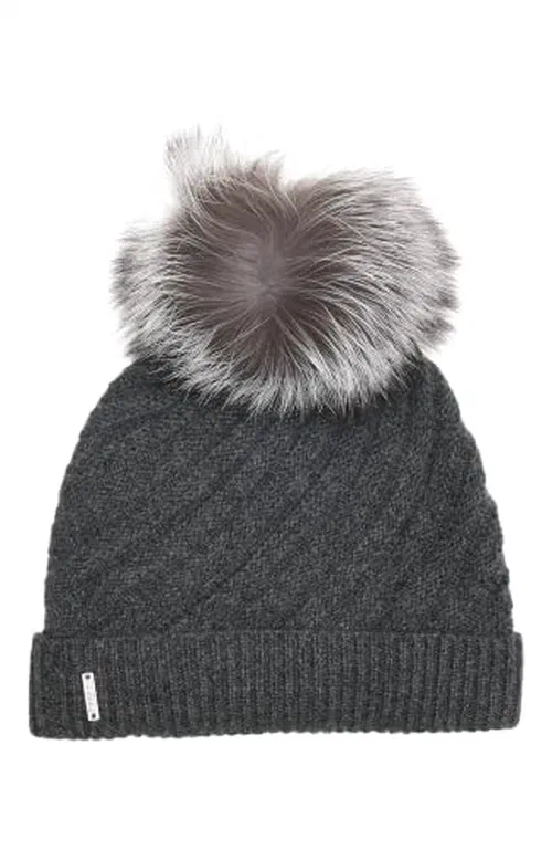 GORSKI, Cashmere Diagonal Knit Hat with Fox Pompom, OS