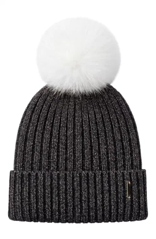 GORSKI, Metallic Wool Blend Knit Hat with Fox Pompom, OS
