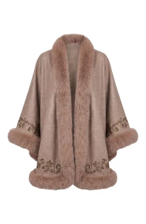 GORSKI, Wool And Cashmere Cape with Fox Trim And Ribbon Embroidery, OS