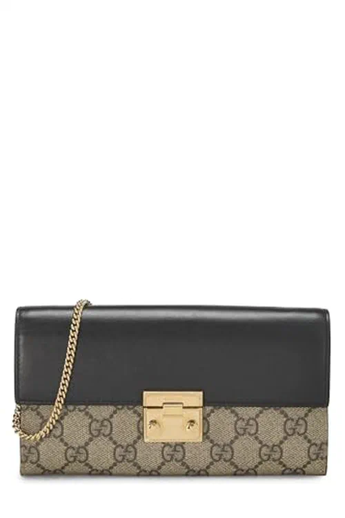 Gucci, Pre-loved Black Original GG Supreme Canvas Padlock Wallet On Chain (WOC)