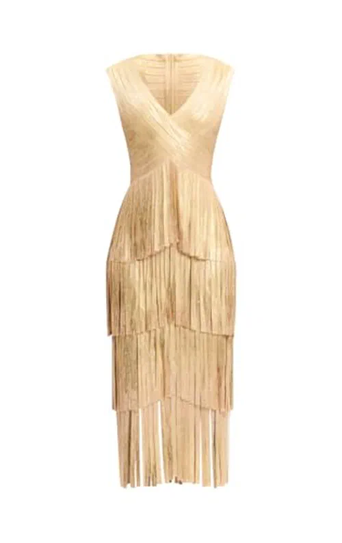 Hervé Léger, The V Neck Foil Fringe Midi Dress, XS