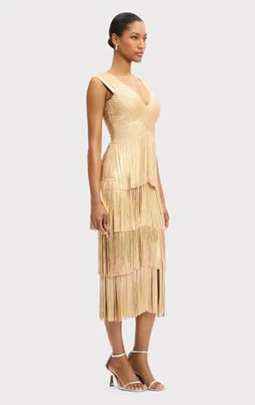 Hervé Léger, The V Neck Foil Fringe Midi Dress, XS — view 3