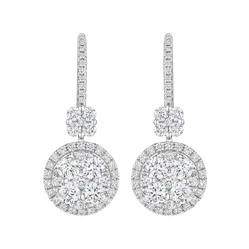 Leviev, 18K White Gold Halo Drop Invisible Set Diamond Earrings, Natural GIA Certified 3.40 CT FG VS-SI1