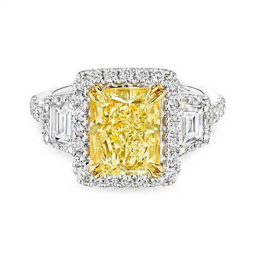 Leviev, Fancy Yellow Diamond Ring, 3.00 CT VS1 Center Stone with Trapezoid Halo, 18K White Gold, Natural Diamonds, GIA Certified