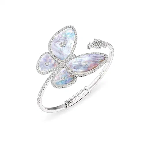 Leviev, Natural Diamonds Bangle, White, 18K White Gold, Womens Luxury Mother-of-Pearl Bracelet, 2.90 CT Diamond Weight