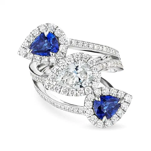 Leviev, Pear Shape Diamond Spiral Ring, 18K White Gold, Natural Diamond and Sapphire, VS Clarity, G Color