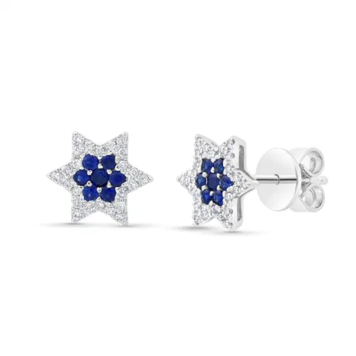 Leviev, Star Of David Stud Earrings, Diamonds and Blue Sapphires, 18K White Gold