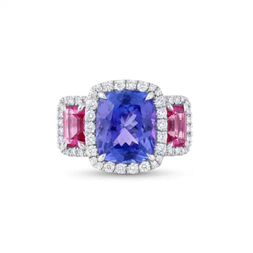 Nocturne Bloom Tanzanite 8.12 Carat Cushion Cut Ring with Diamond Halo and Pink Tourmaline Accents in Platinum