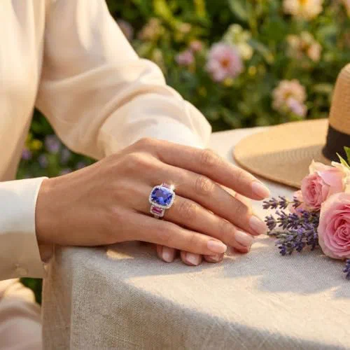 Nocturne Bloom Tanzanite 8.12 Carat Cushion Cut Ring with Diamond Halo and Pink Tourmaline Accents in Platinum — view 3