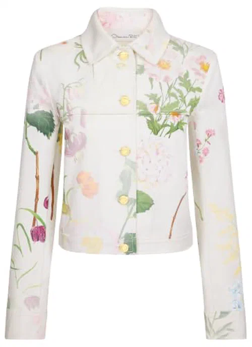 Oscar De La Renta, Faded Mixed Botanical Denim Jacket