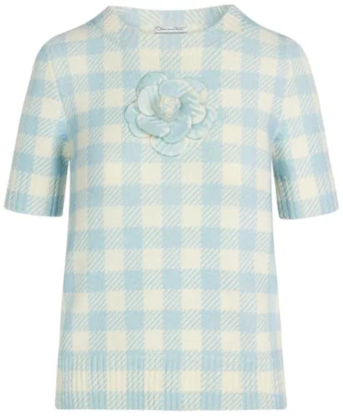 Oscar de la Renta, Gingham Pullover With Floral Appliqué, L