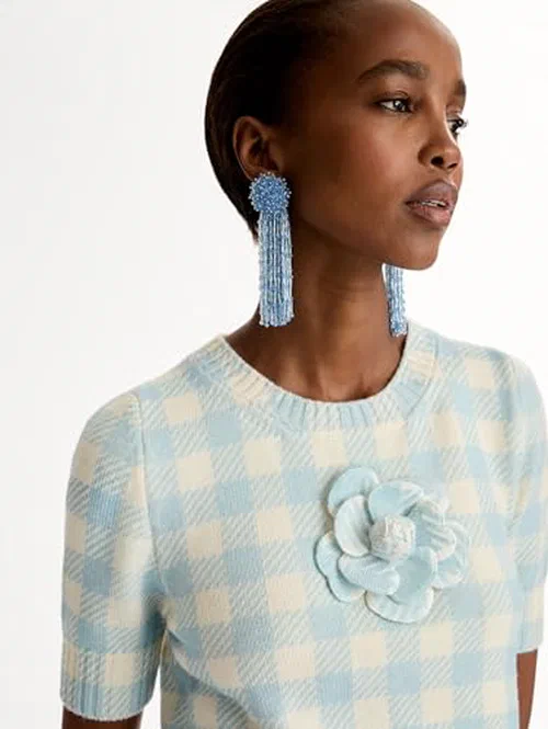 Oscar de la Renta, Gingham Pullover With Floral Appliqué, L — view 3