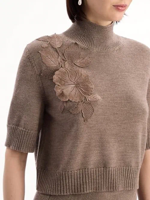 Oscar de la Renta, Hibiscus Embroidered Knit Pullover, XL — view 3