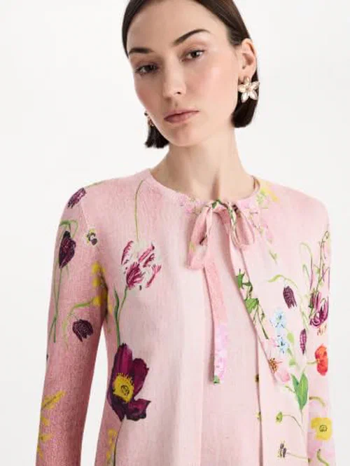 Oscar De La Renta, Mixed Botanical Tie-Neck Cardigan, L — view 3