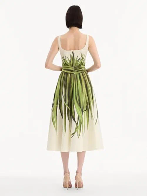 Oscar de la Renta, Palm Leaves Cotton Poplin Dress — view 3