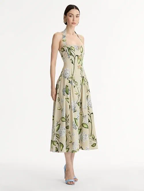 Oscar de la Renta, Porcelain Flower Cotton Poplin Halter Dress — view 3