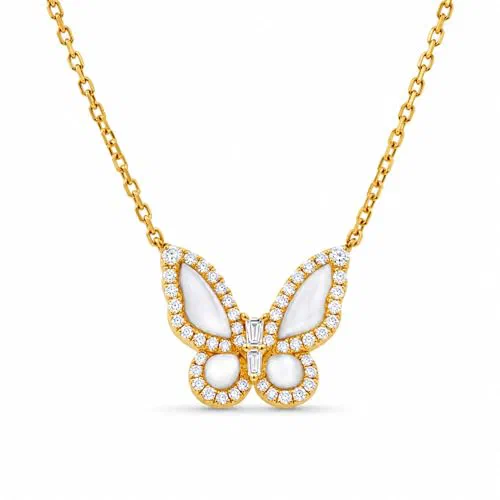 Papillon 0.22 Carat Diamond & Mother of Pearl Butterfly Pendant Necklace in 18K Gold