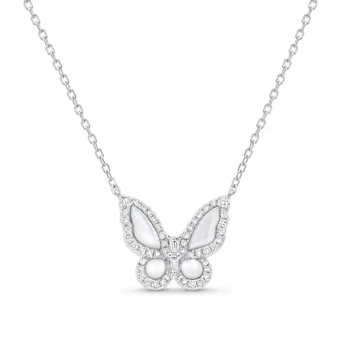Papillon 0.22 Carat Diamond & Mother of Pearl Butterfly Pendant Necklace in 18K Gold