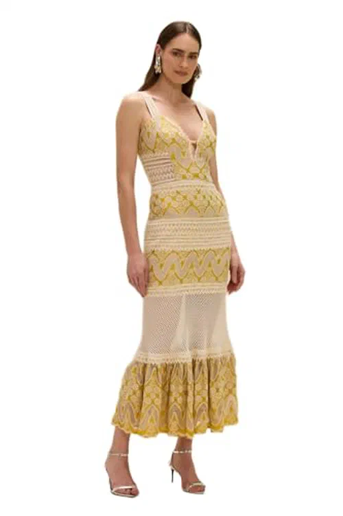 PATBO, Bertha Lace Midi Dress Yellow