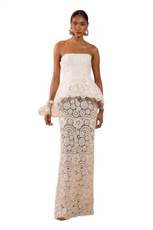 PATBO, Gal Embroidery Peplum Maxi Dress, 4, Off White