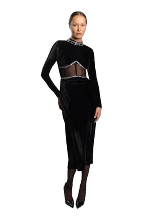 PATBO, Hand-Beaded Velvet Bustier Midi Dress