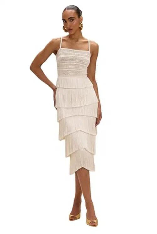PATBO, Lila Fringe Midi Skirt, 0, Off White